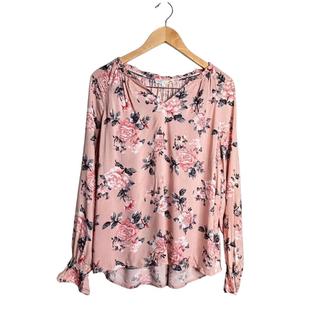 C&C California Floral Blouse Womens Pink‎ V Neck Long Sleeve Size Large NEW